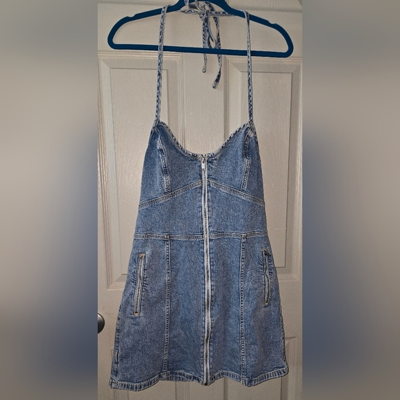 American Eagle AE Stretch Denim Jean Halter Mini Dress Zip Front Sz 12 or L - Picture 5 of 9